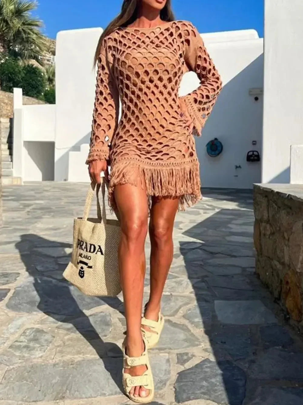 Chic Fringe Cutout Long Sleeve Swim Cover Up - Southern Shores Clothing
