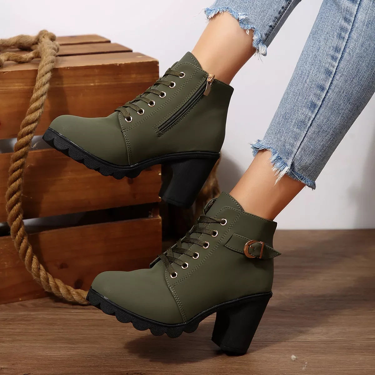 Lace Up Buckle Chunky Heel Ankle Boots Suede Rubber - Southern Shores Clothing
