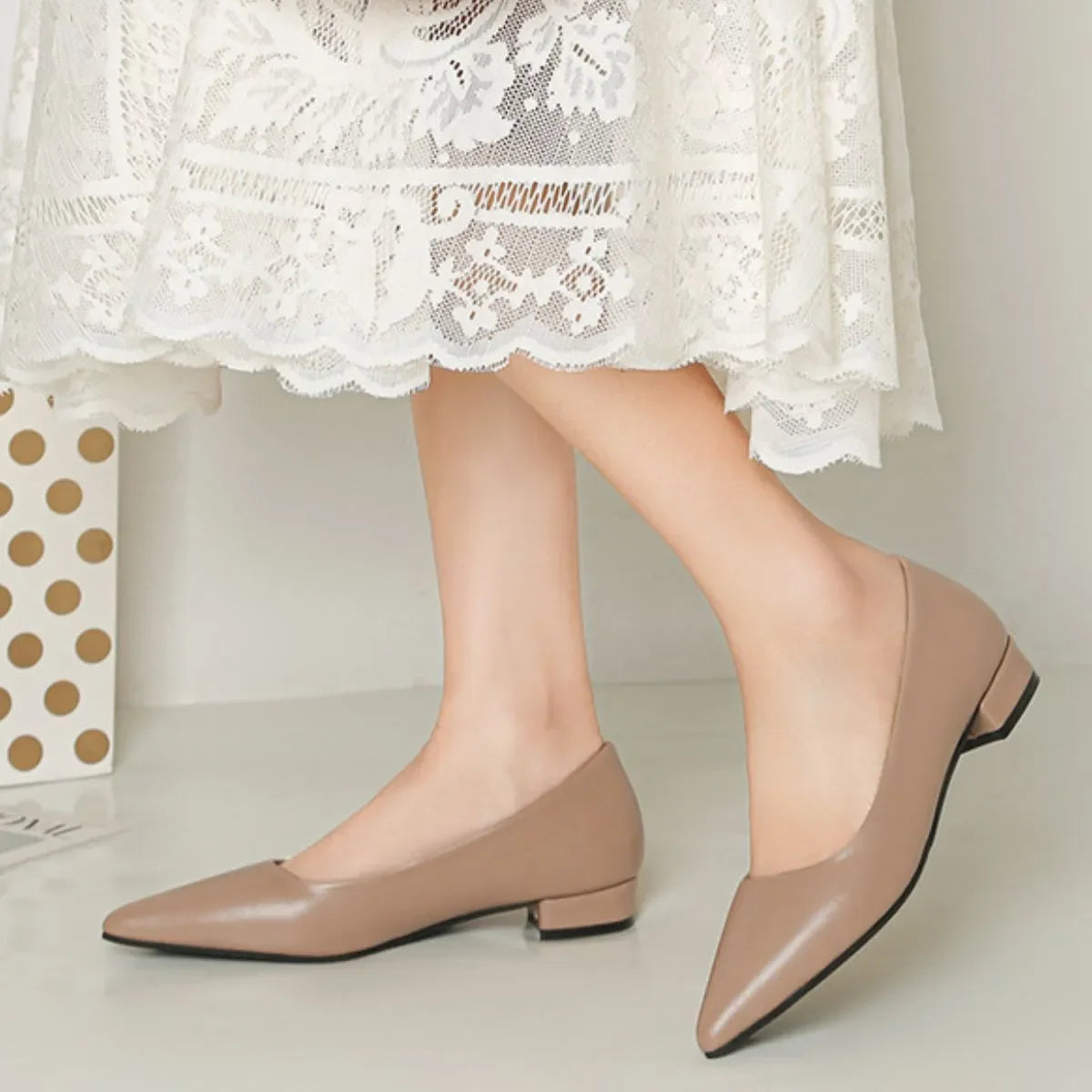 Pointed Toe Low Heel Pump Synthetic Leather