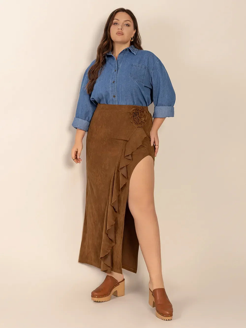 Plus Size Ruffled Slit High Rise Skirt Silhouette - Southern Shores Clothing