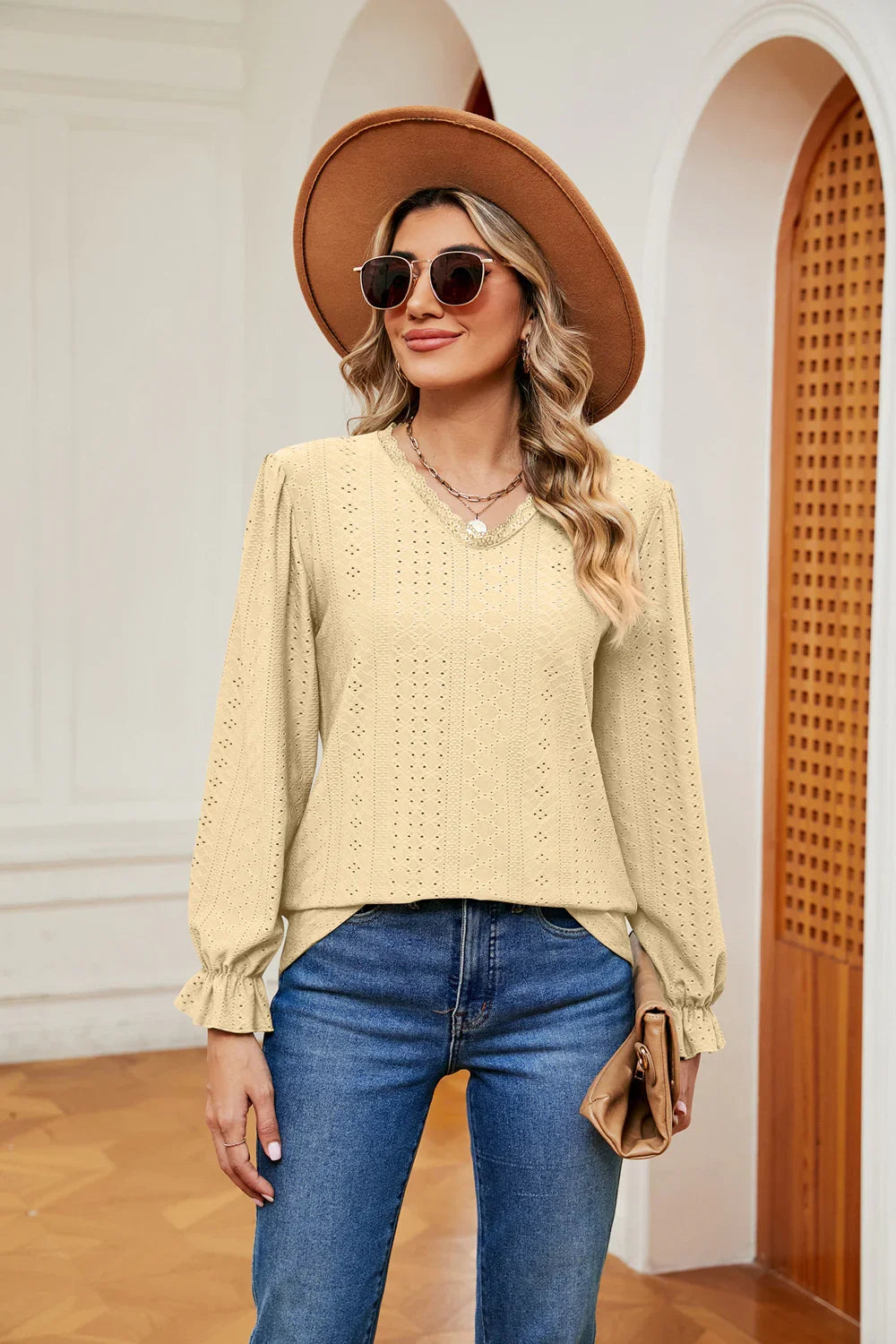 Southern Shores V-Neck Flounce Sleeve Lace Blouse In Stretch Rayon Blend Fabric For Versatile Wear - Southern Shores Clothing