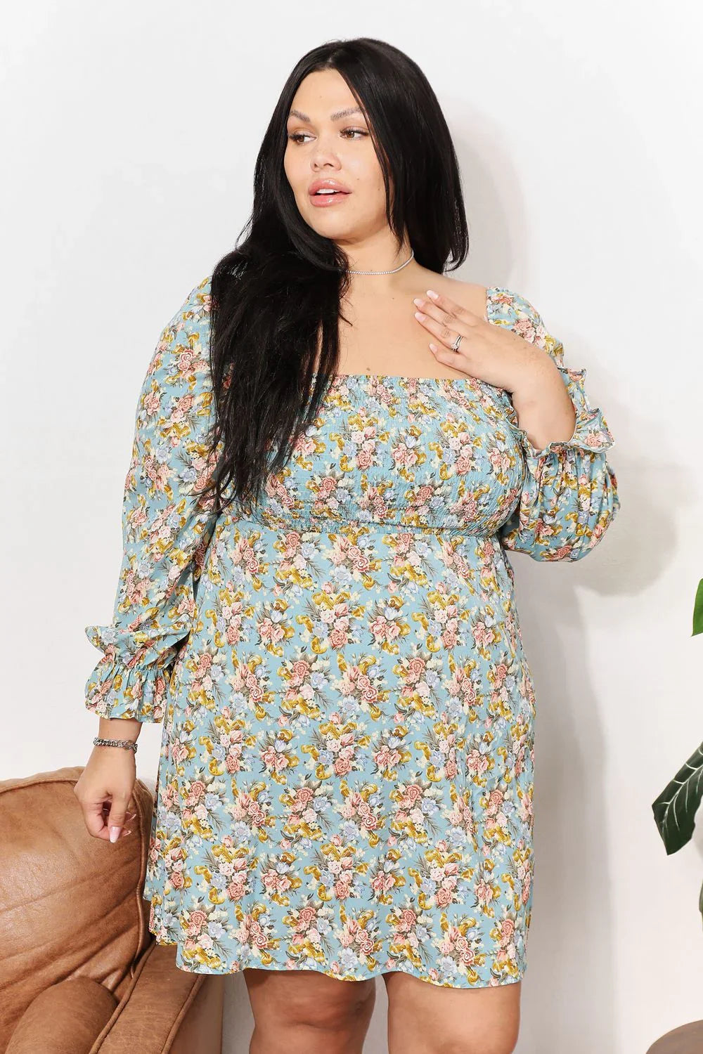 Floral Smocked Flounce Sleeve Square Neck Dress - Southern Shores Clothing