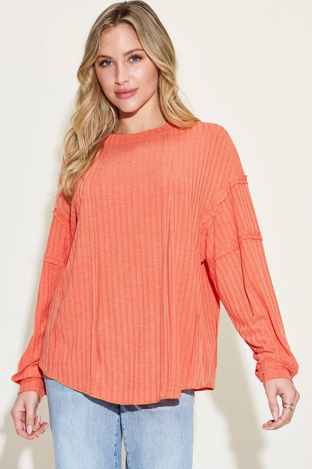 Ribbed Round Neck Long Sleeve T Shirt Basics - Southern Shores Clothing