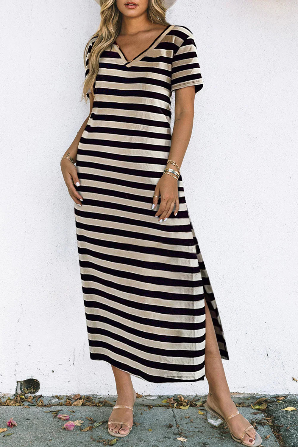 Striped V-Neck Short Sleeve Side Slit Dress - Southern Shores Clothing