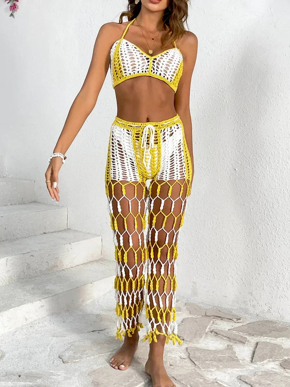 Cutout Crochet Halter Top And Netted Pants Two-Piece Swim Set - Southern Shores Clothing
