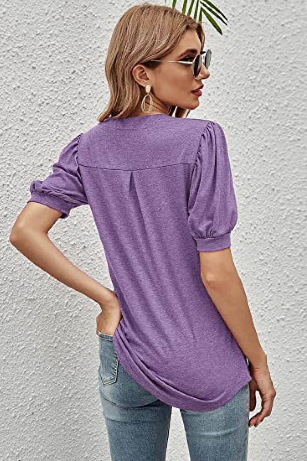 Notched Neck Puff Sleeve Stretch T-Shirt - Southern Shores Clothing