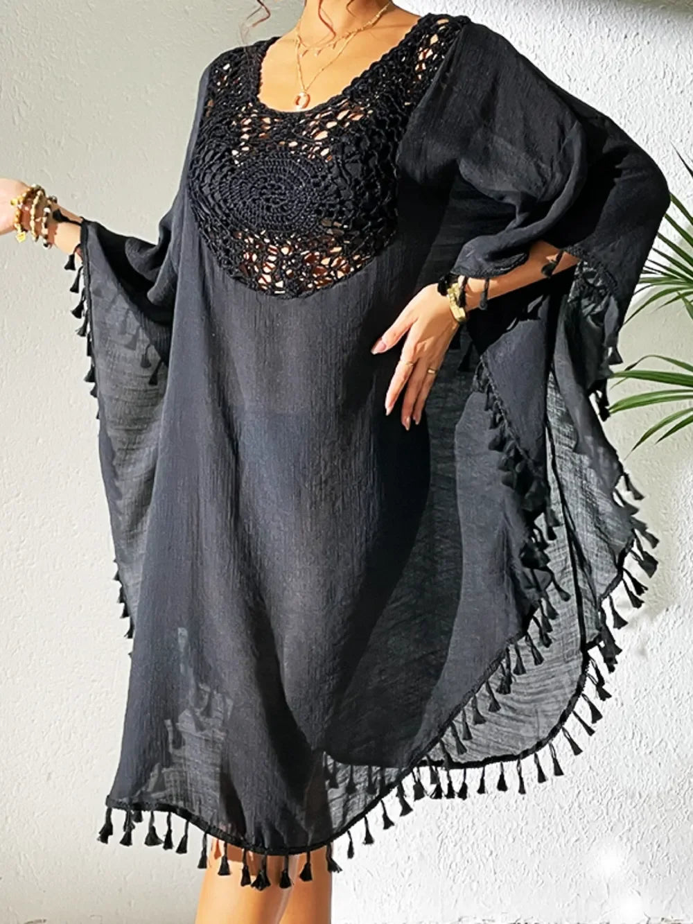Tassel Cutout Scoop Neck Cover Up Dress One Size - Southern Shores Clothing