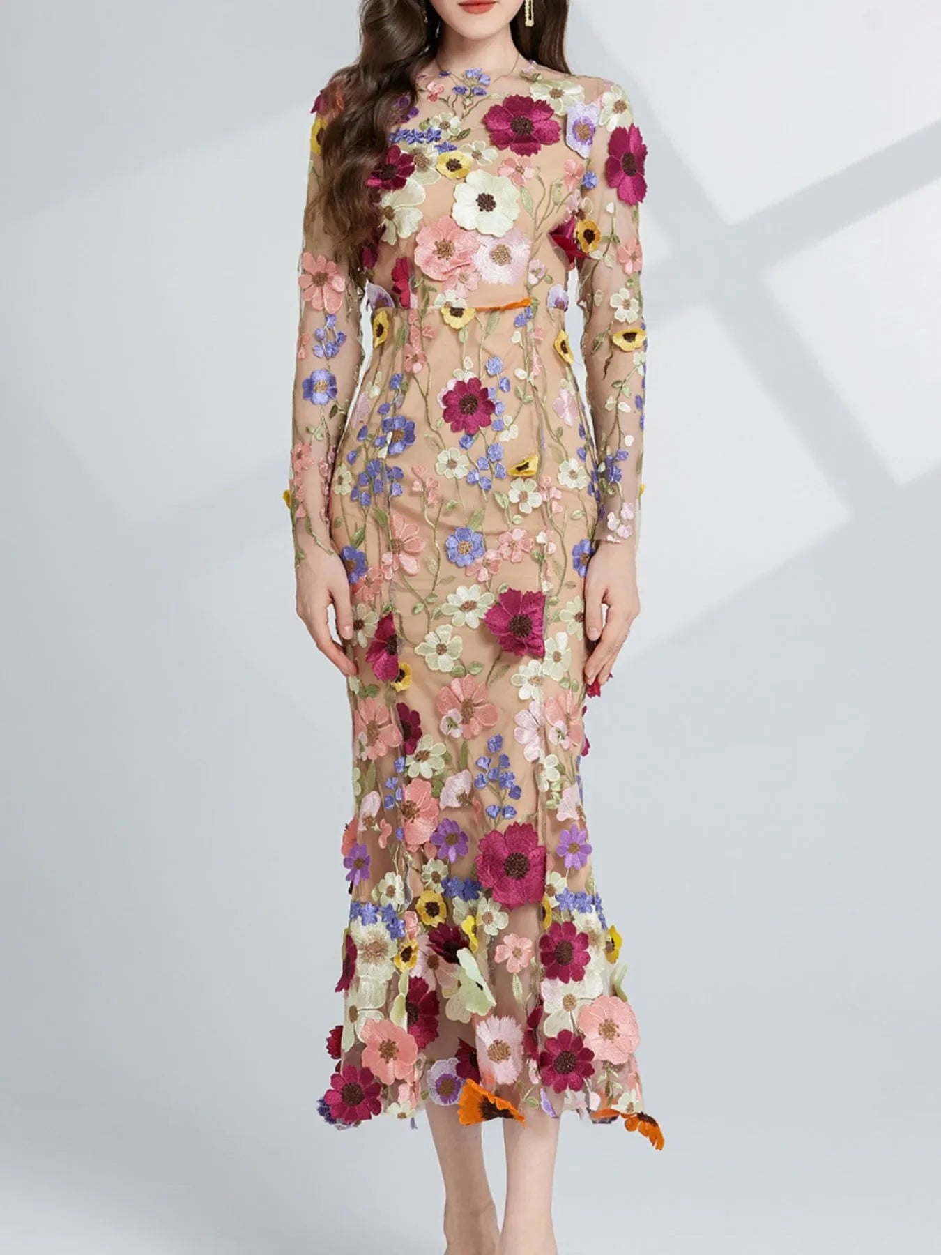 Floral Embroidered Magnolia Mesh Long Sleeve Midi Dress - Southern Shores Clothing