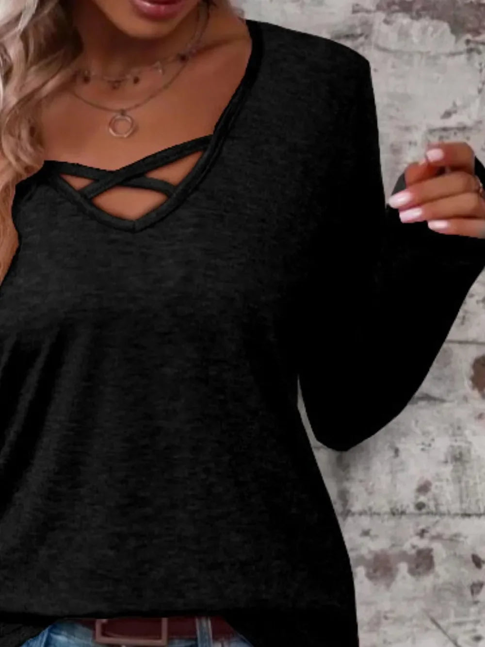 Crisscross V-Neck Long Sleeve T-Shirt - Southern Shores Clothing