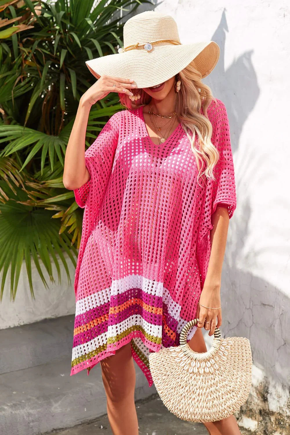 Openwork Striped Beach Swim Cover Up One Size - Southern Shores Clothing