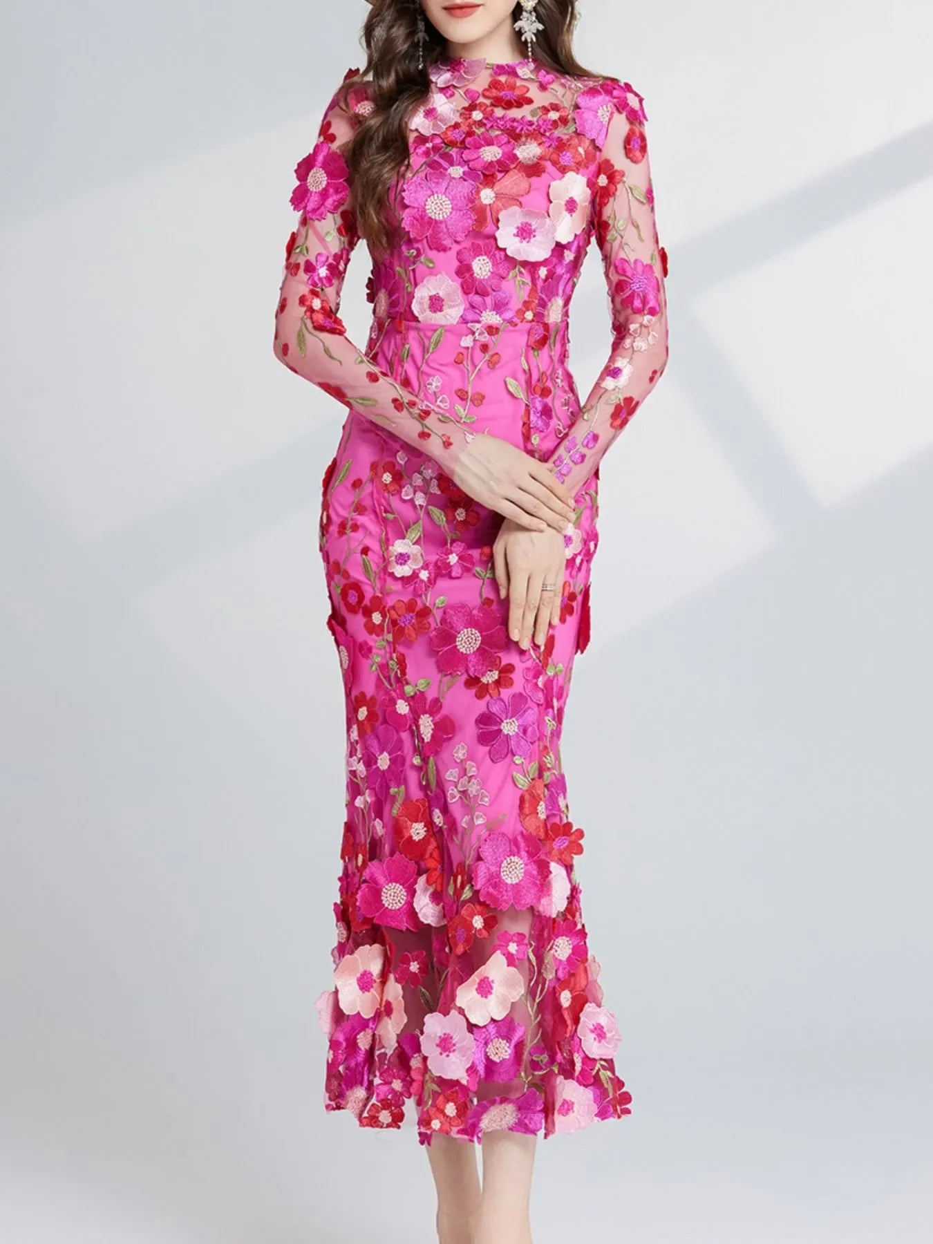 Floral Embroidered Magnolia Mesh Long Sleeve Midi Dress - Southern Shores Clothing