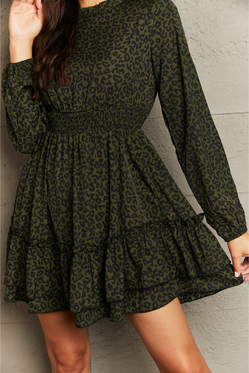 Leopard Print Smocked Waist Long Sleeve Dress - Southern Shores Clothing