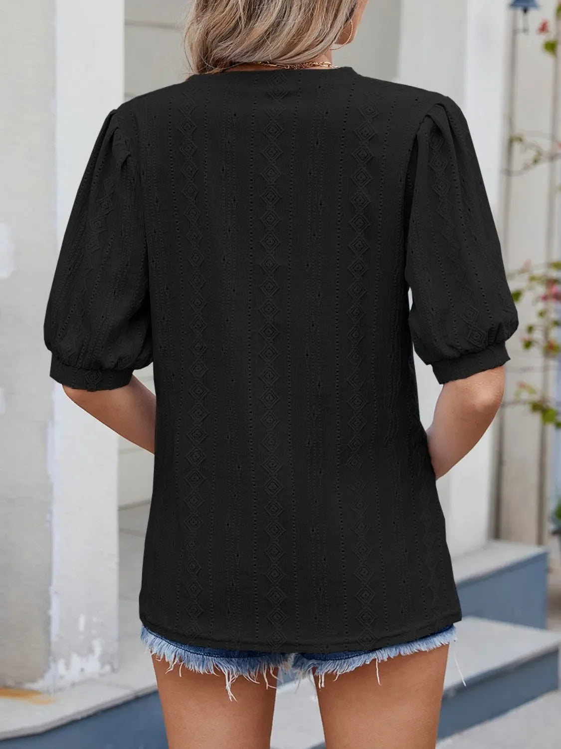 Puff Sleeve V-Neck Eyelet Lace Stretch T Shirt - Southern Shores Clothing
