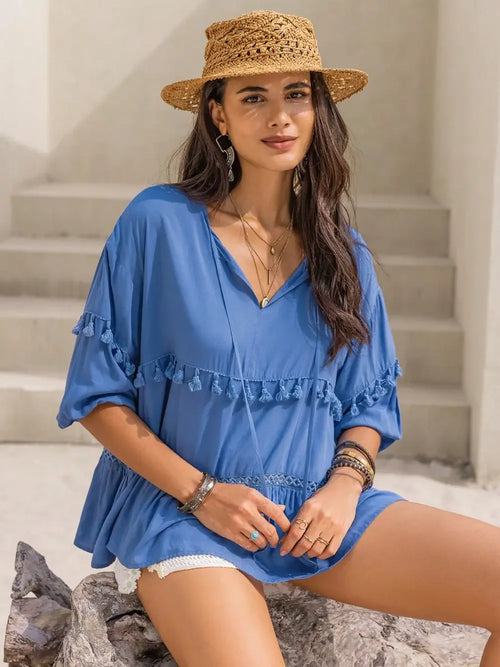 Tiered Tie Neck Blouse Half Sleeve Viscose - Southern Shores Clothing
