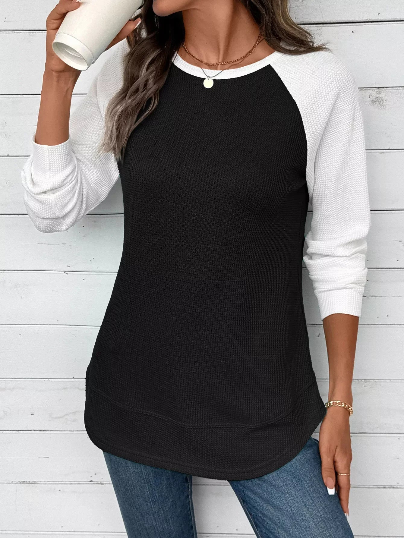 Contrast Raglan Sleeves Waffle Knit T Shirt - Southern Shores Clothing
