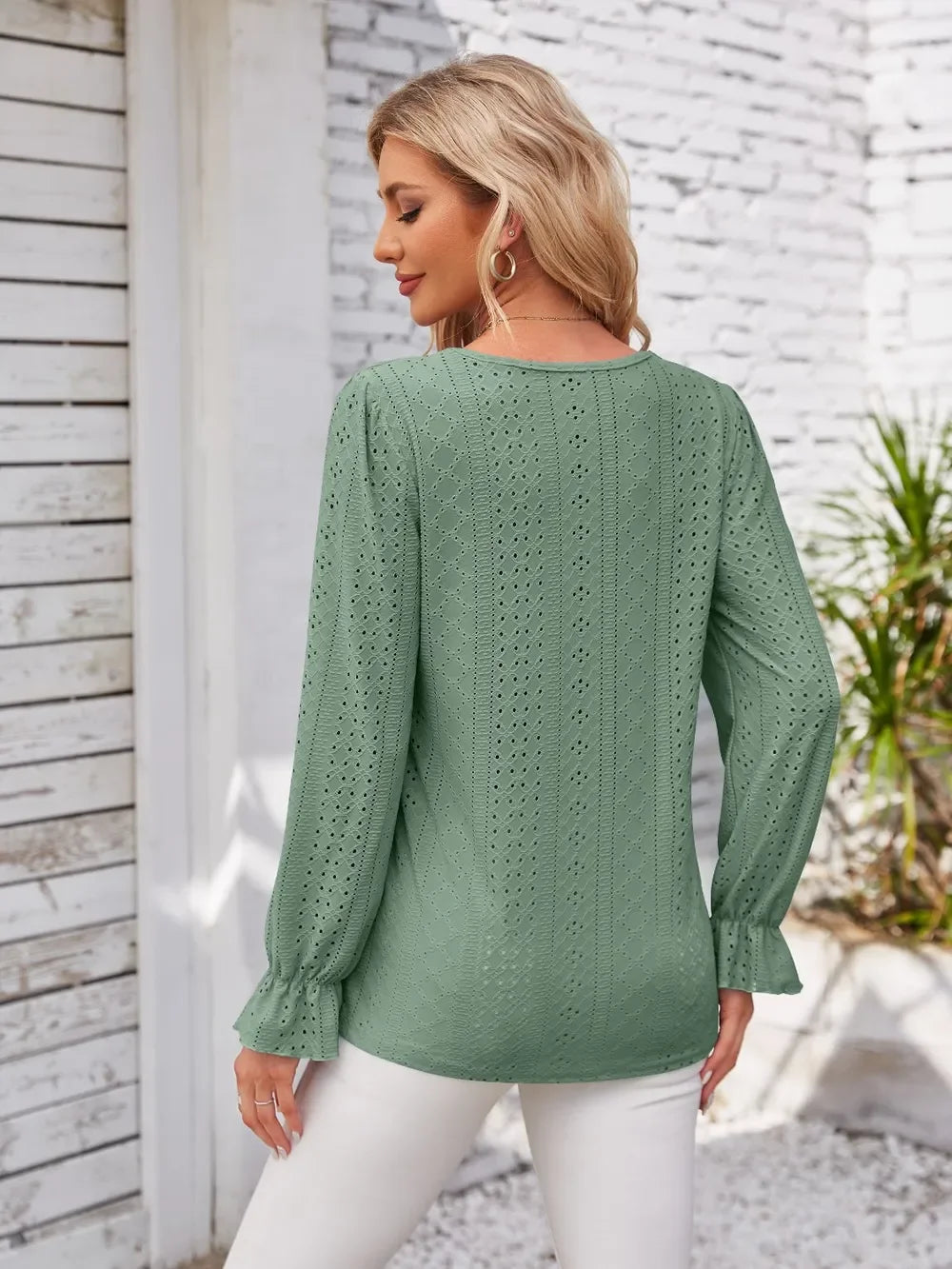 Applique V-Neck Flounce Sleeve Polyester T-Shirt - Southern Shores Clothing