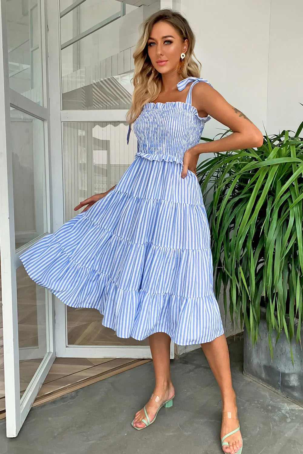 Striped Tie-Shoulder Tiered Dress With Smocked Bodice - Southern Shores Clothing