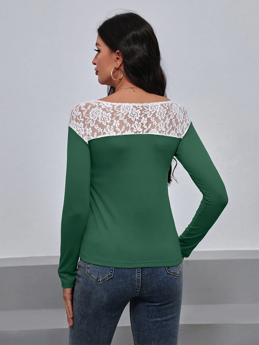 Lace Trim Long Sleeve Round Neck Tee For Casual Wear - Southern Shores Clothing