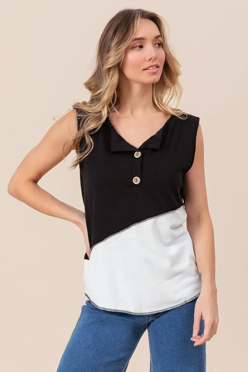 Block Design Buttoned Henley Top With Contrast Stitching - Southern Shores Clothing