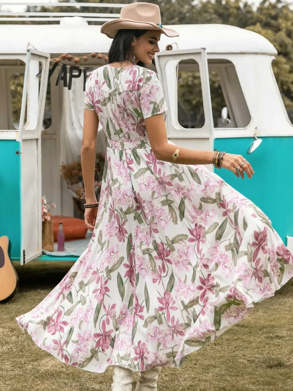 Casual Floral V Neck Slit Dress With Pockets - Southern Shores Clothing