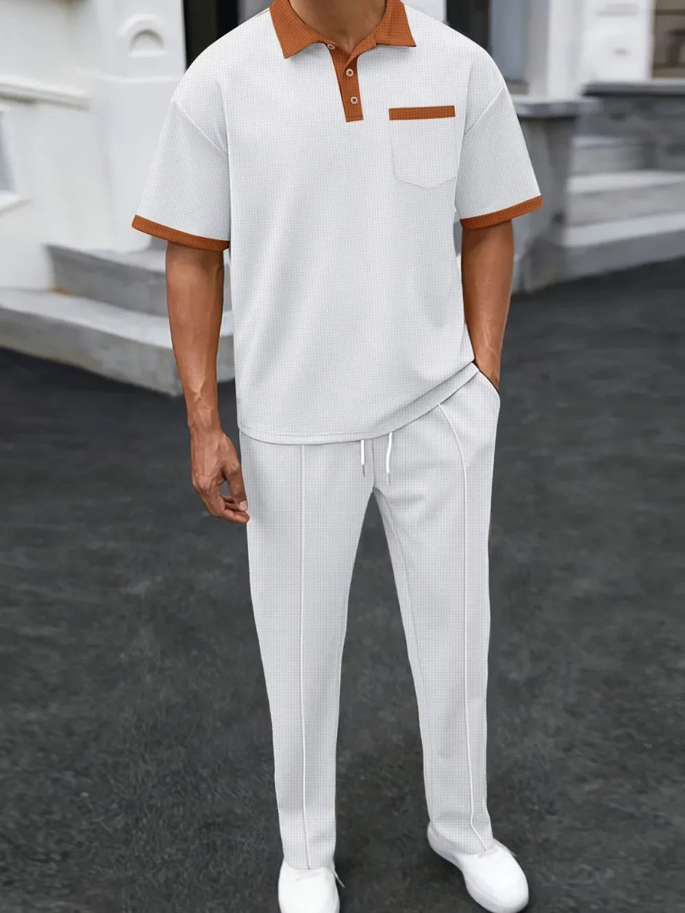 Men's Full Size Waffle-Knit Contrast Polo and Pants Set Plus Size - Southern Shores Clothing