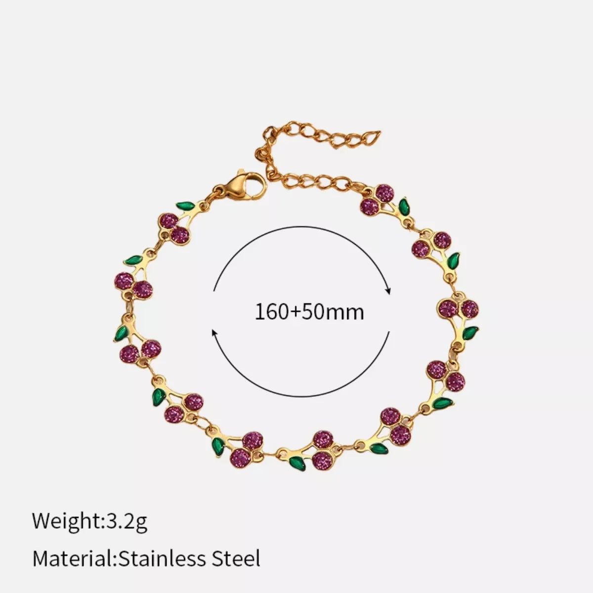 18K Plated Cherry Charm Bracelet With Green Leaves - Southern Shores Clothing