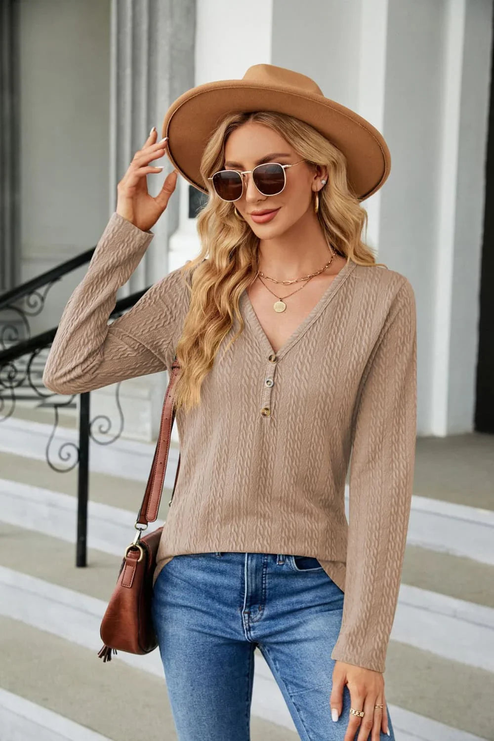Casual Cable Knit Long Sleeve V-Neck T Shirt - Southern Shores Clothing