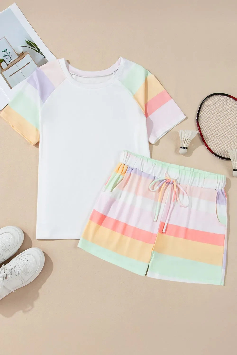 Striped Round Neck T Shirt And Shorts Lounge Set - Southern Shores Clothing