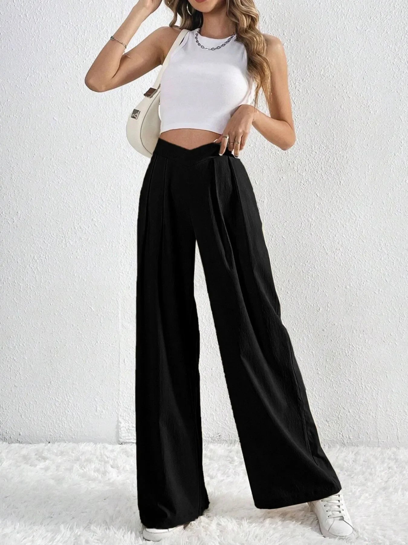 V-Waisted Ruched Front Flowing Wide Leg Pants Casual Wear - Southern Shores Clothing