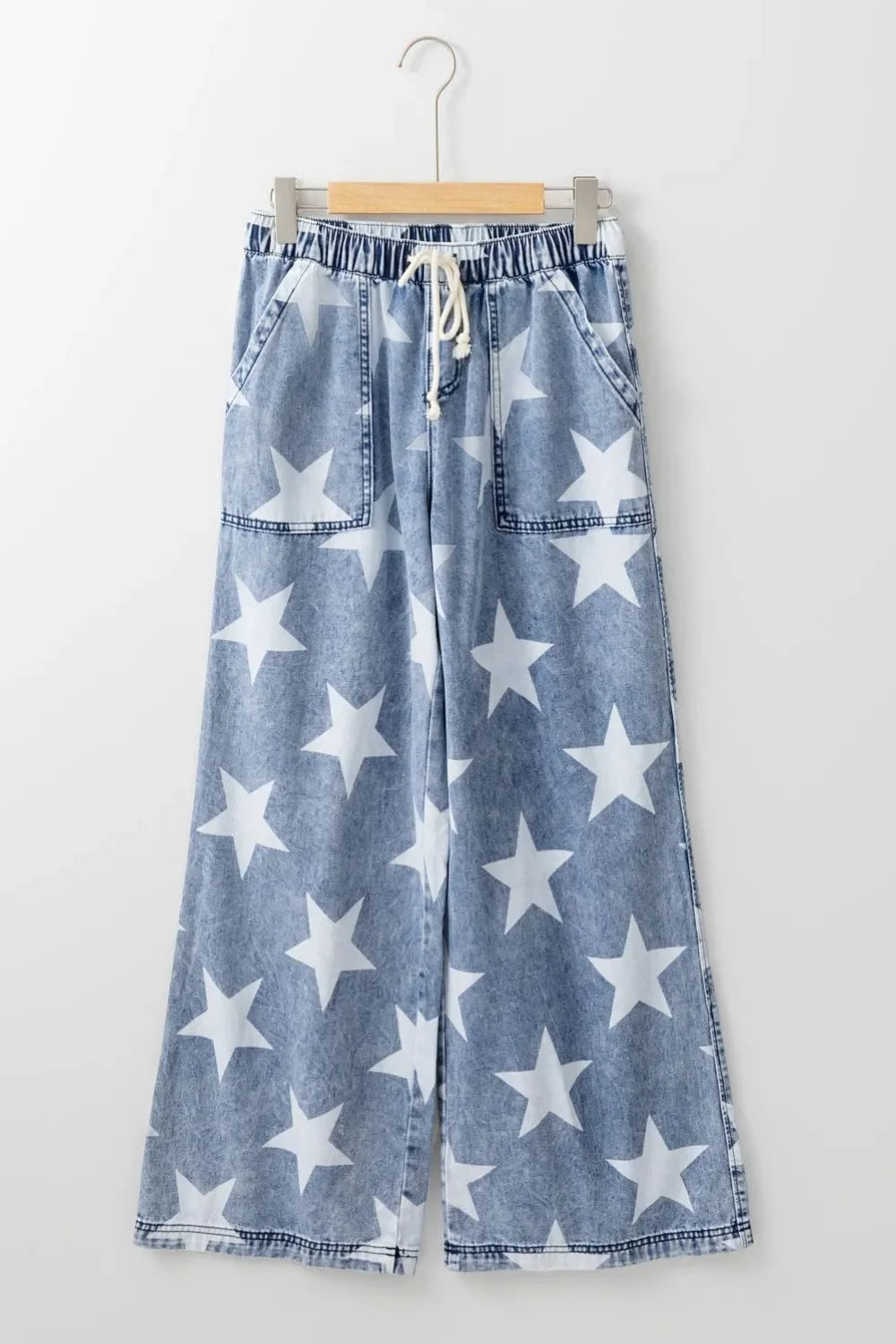 Beach Star Print Washed Drawstring High Waist Wide Leg Jeans - Southern Shores Clothing