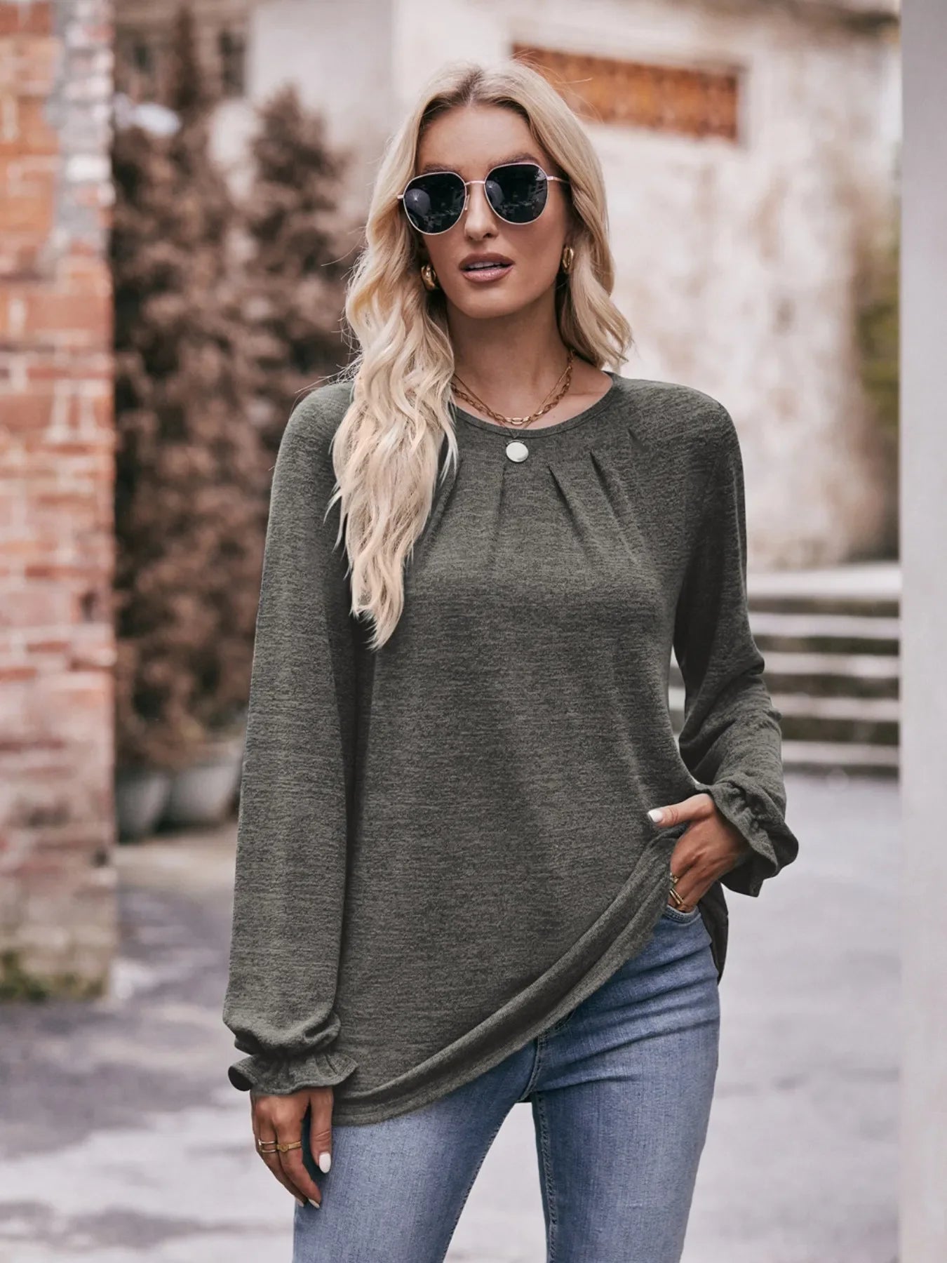 Round Neck Long Sleeve Casual T-Shirt - Southern Shores Clothing