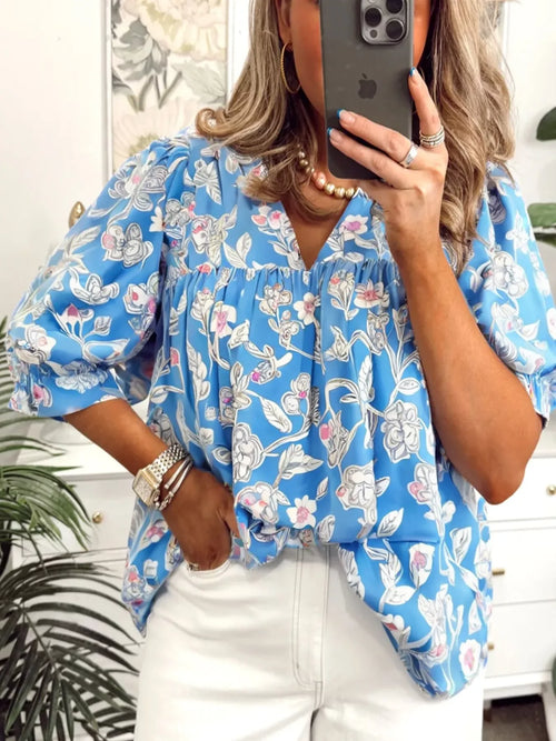 Notched Floral Print Three Quarter Puff Sleeve Blouse - Southern Shores Clothing