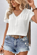 Textured Lace Trim V-Neck Short Sleeve Tee Shirt - Southern Shores Clothing