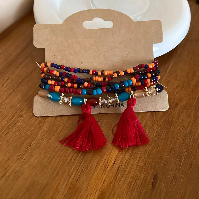 Multi Strand Boho Tassel Rice Bead Bracelet With Layered Beads - Southern Shores Clothing