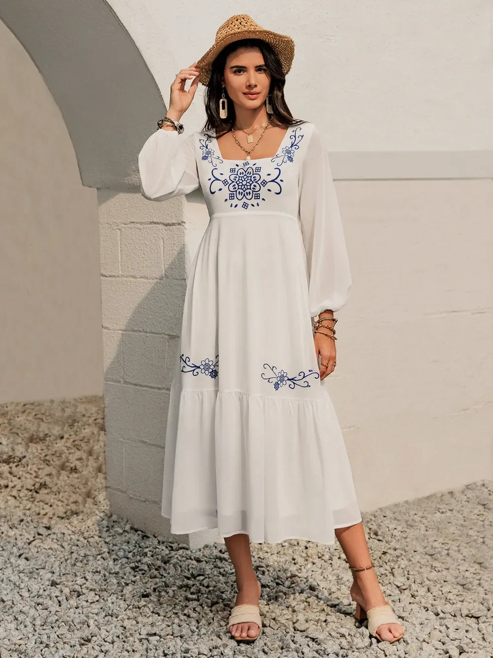 Printed Square Neck Balloon Sleeve Dress With Embroidered Detail - Southern Shores Clothing