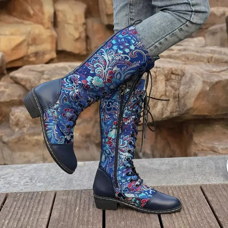 Embroidered Lace-Up Knee-High Boots With Mid Heel - Southern Shores Clothing
