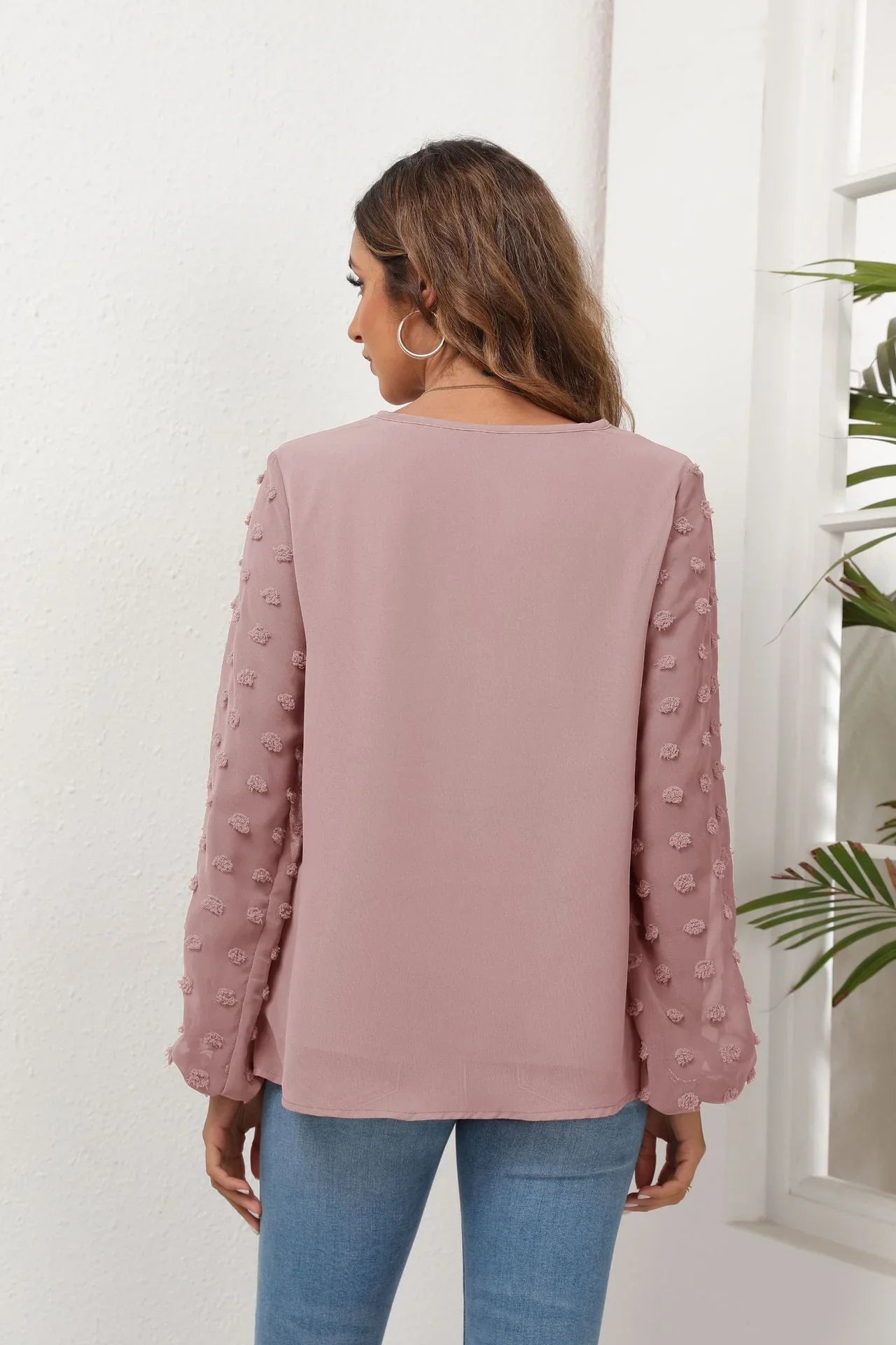 Stretch Swiss Dot V Neck Balloon Sleeve Blouse - Southern Shores Clothing
