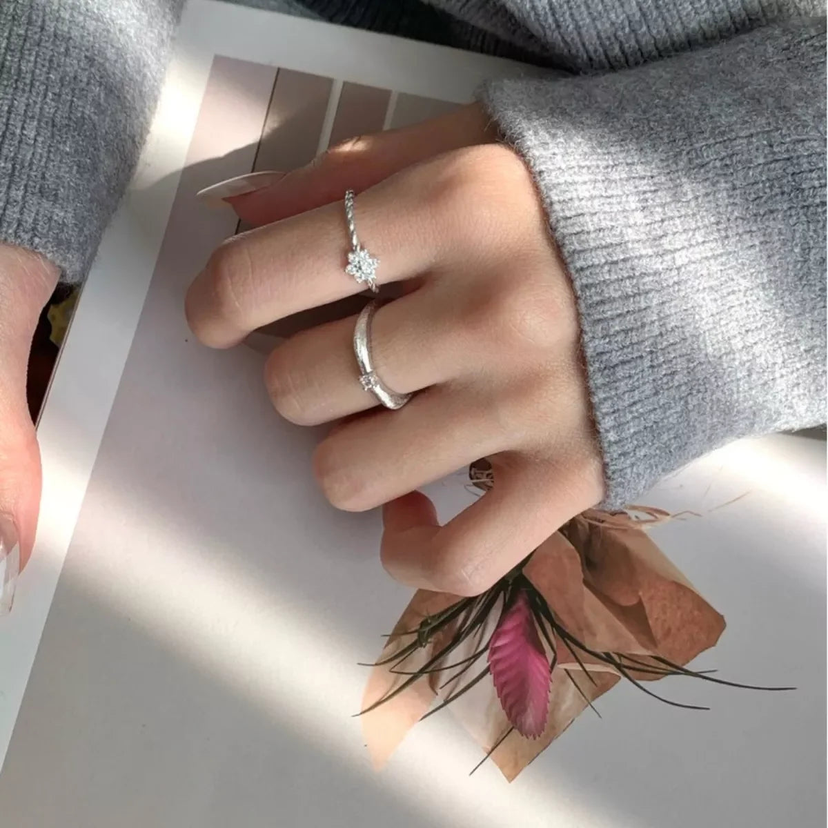 Sterling Silver Zircon Flower Ring With Open Band Design - Southern Shores Clothing