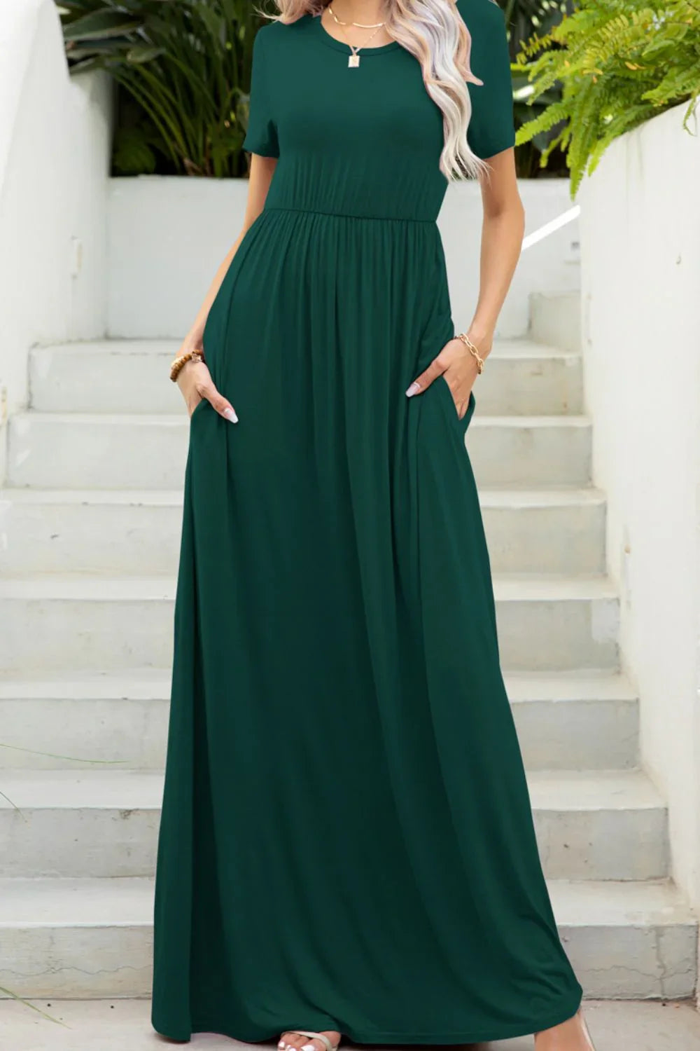 Round Neck Maxi Tee Dress with Pockets - Southern Shores Clothing