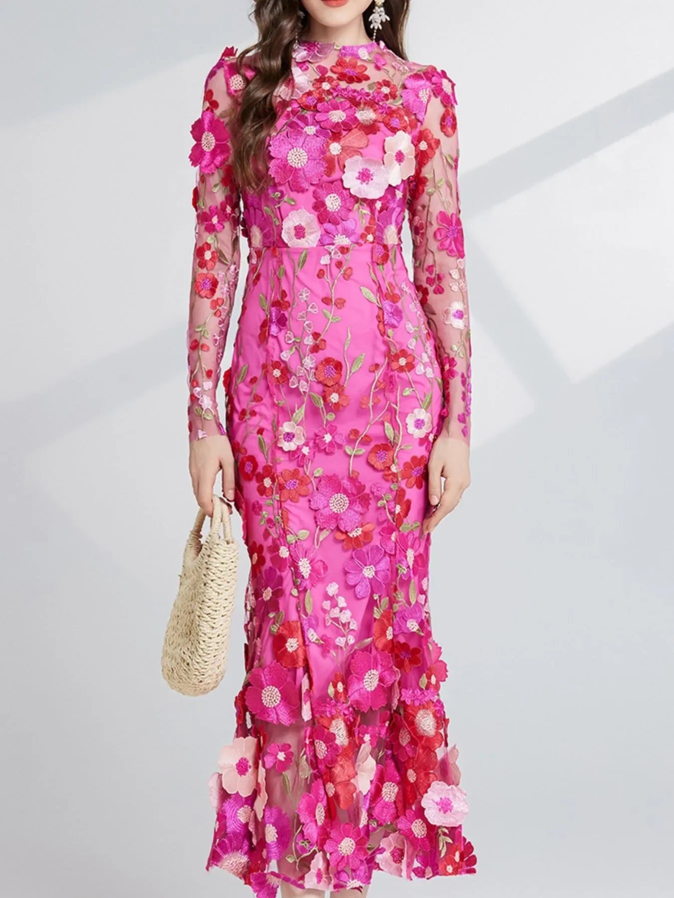 Floral Embroidered Magnolia Mesh Long Sleeve Midi Dress - Southern Shores Clothing