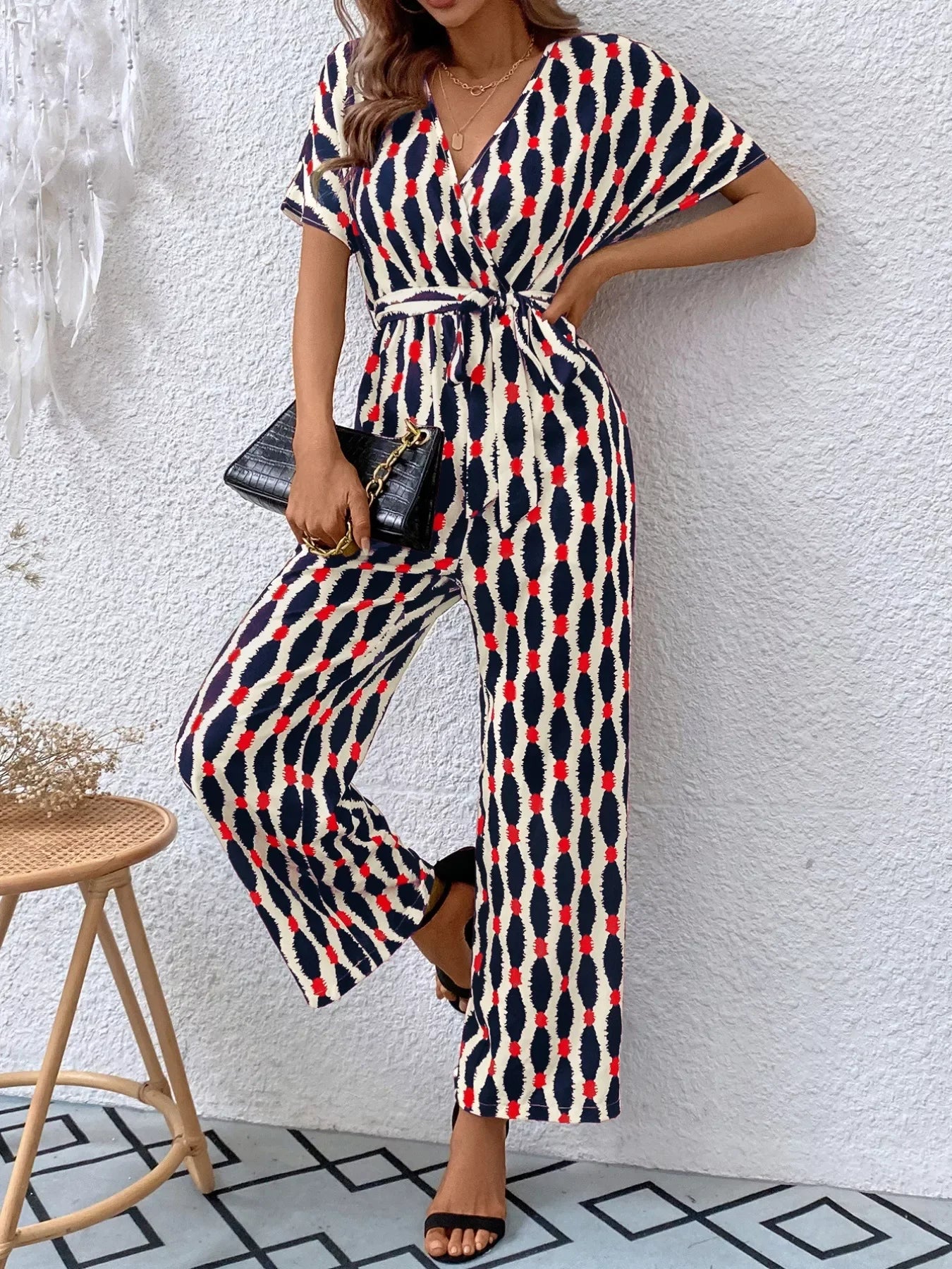 Printed Surplice Tie Waist Short Sleeve Jumpsuit - Southern Shores Clothing