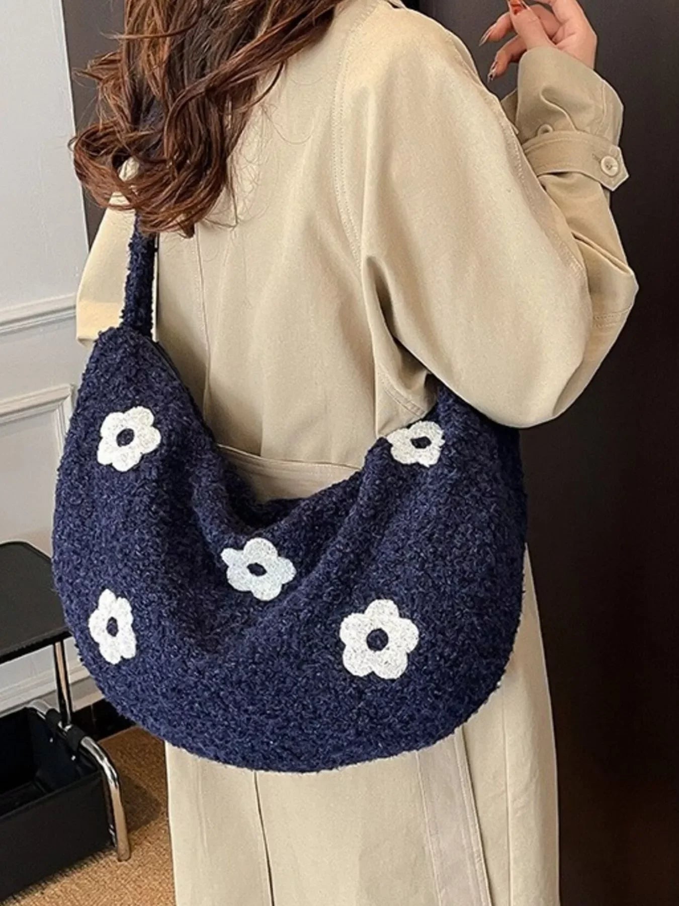 Floral Plush Crossbody Bag With Soft Pile Fabric - Southern Shores Clothing