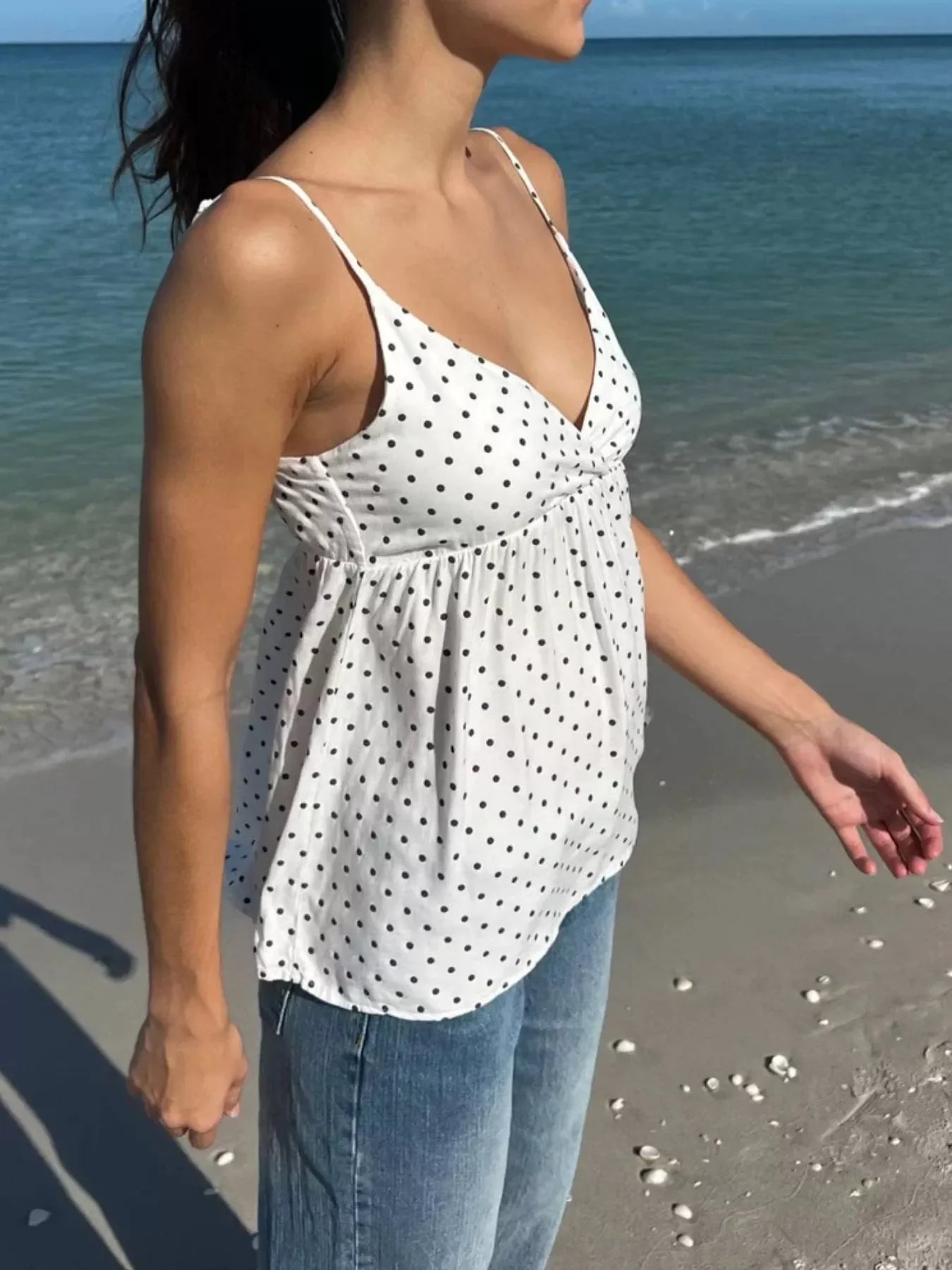 Flowy V Neck Polka Dot Camisole With Adjustable Spaghetti Straps - Southern Shores Clothing