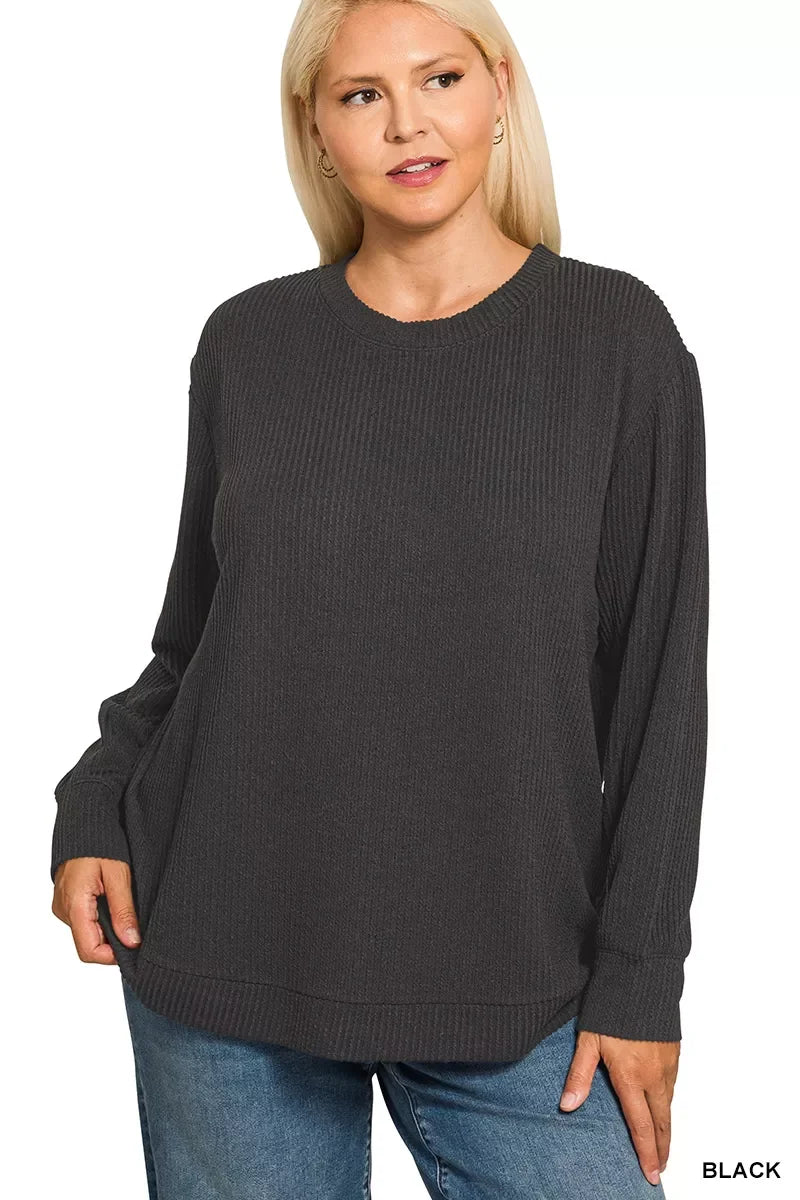 Plus Size Raised Rib Round Neck Long Sleeve Top - Southern Shores Clothing
