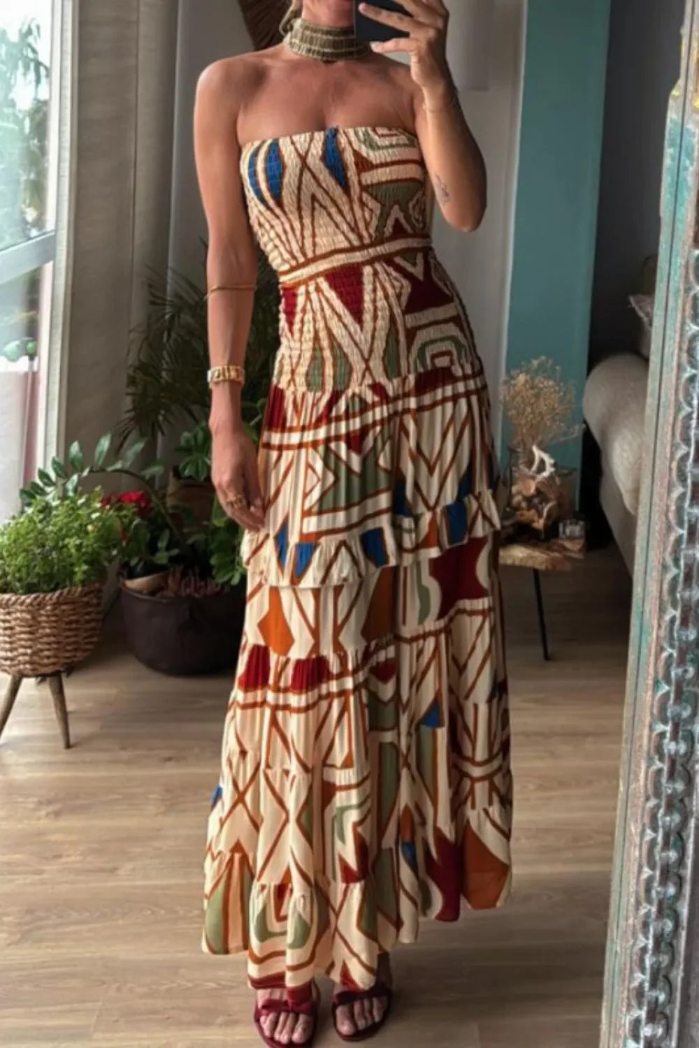 Smocked Printed Tube Dress With Geometric Abstract Print - Southern Shores Clothing