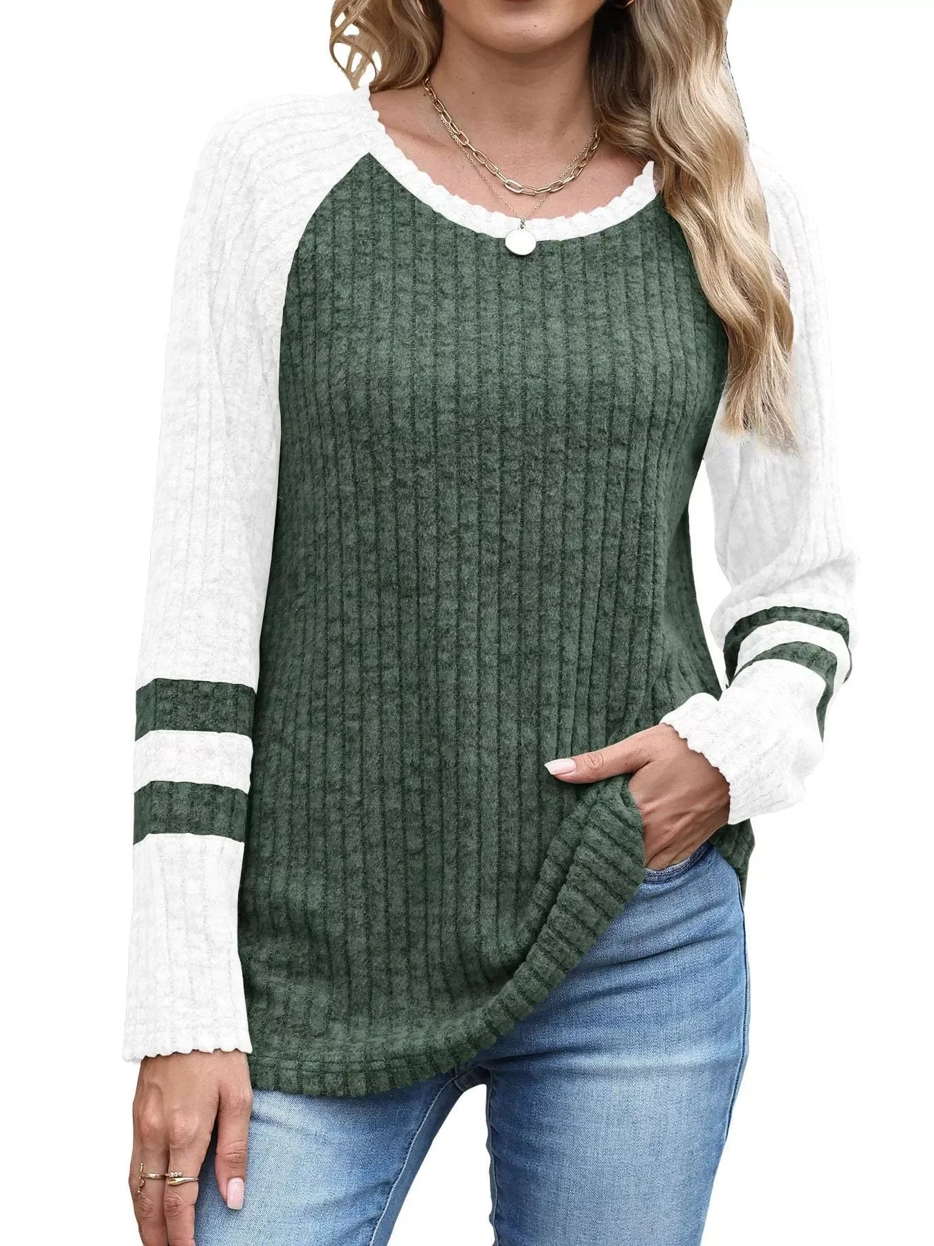 Ribbed Round Neck Raglan Sleeve Top - Southern Shores Clothing