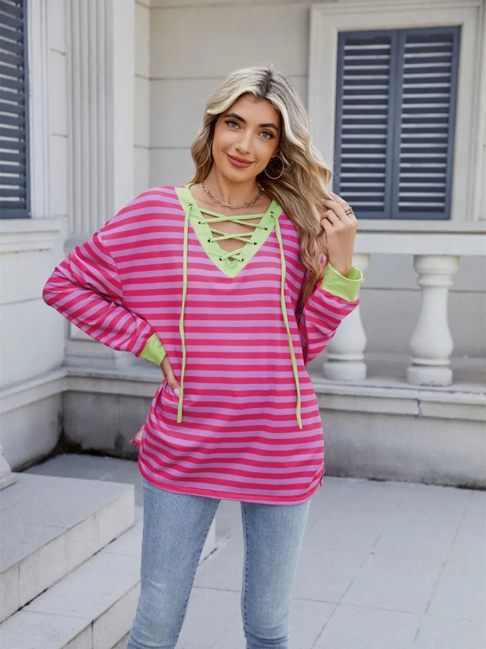 Lace-Up Striped Long Sleeve T-Shirt - Southern Shores Clothing