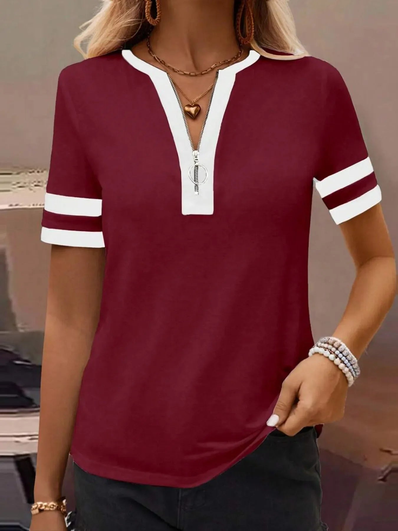 Striped Short Sleeve Stretch Half Zip T Shirt - Southern Shores Clothing