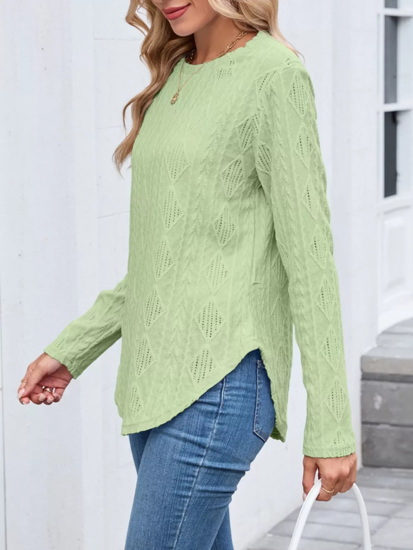 Openwork Textured Long Sleeve Top - Southern Shores Clothing