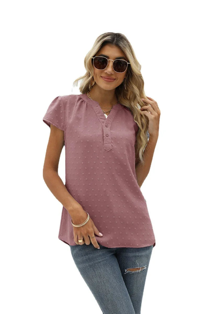 Swiss Dot Notched Neck Short Sleeve Top Casual Wear - Southern Shores Clothing
